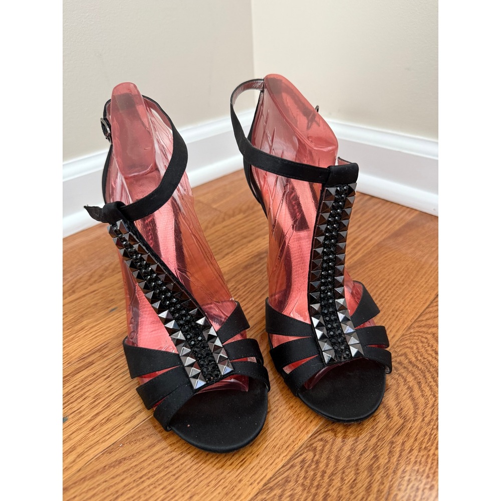 Nina New York Black Satin Studded Rhinestone T-Strap Stiletto Sandals 8.5M